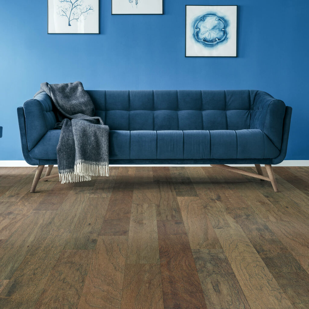 Hardwood with Blue Couch | Ultimate Flooring Design Center